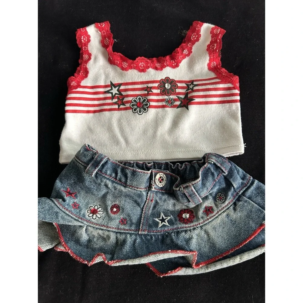 Lot Of 2 Build A Bear Outfits Denim Skirt/Shirt‎ & Sparkle Dress Roller Skates